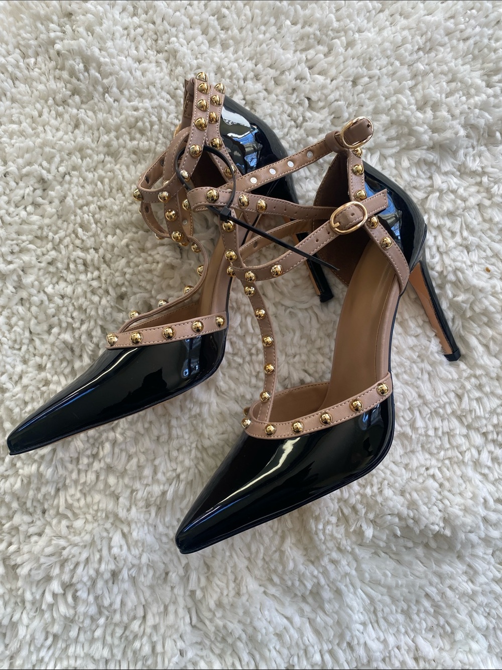 Black Patent Pointed Toe Heels with Nude Studded Straps